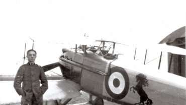 An unidentified pilot portrayed next to a SPAD VII with the Prancing Horse