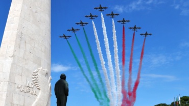 The Frecce Tricolori fly over the Rambelli Monument on 19 June 2018, the centenary of Baracca's death