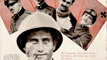 Baracca, Olivari, Ruffo and Stoppani portrayed as "protective aces" of trench soldiers in a vintage print